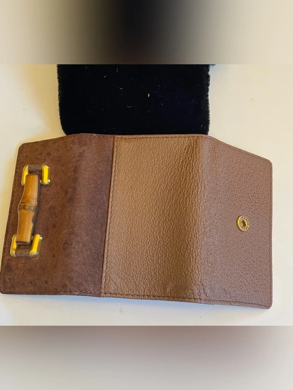 Gucci Brown Pebbled Leather Key / Card Case with Gold-Tone / Bamboo Hardware